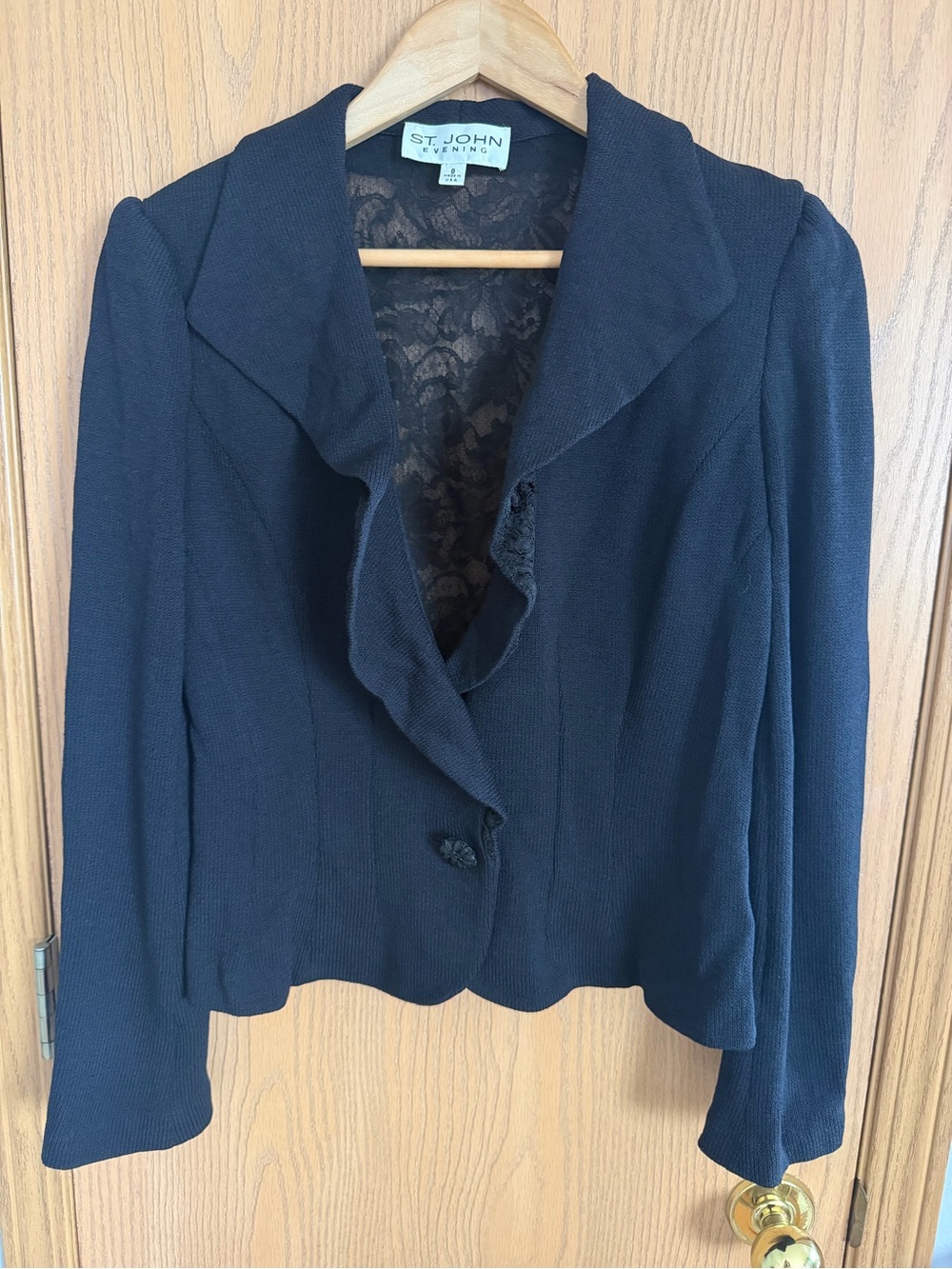St. John Evening RARE Navy Ruffle Collar Lace Panel Back Open Jacket Women’s Siz